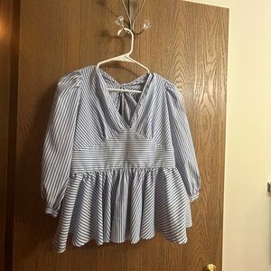 Blue and white strip top. Ties in the back